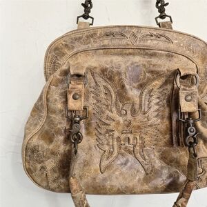 Distressed Brown Leather Embossed Tote Bag